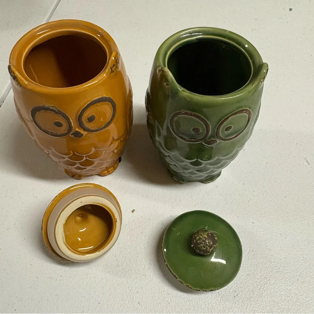 Owl Ceramic Jars in Green and Orange - Picture 2 of 3